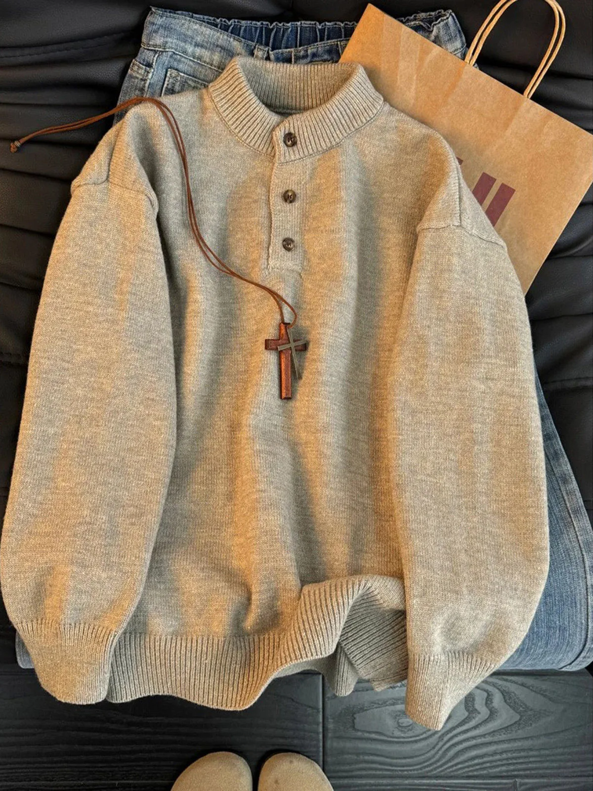 

Американский ретро-свитер цвета хаки для мужчин и женщин, зимний, свободный, вязаный, базовый слой, с воротником Хенри, теплый, однотонный, с круглым вырезом