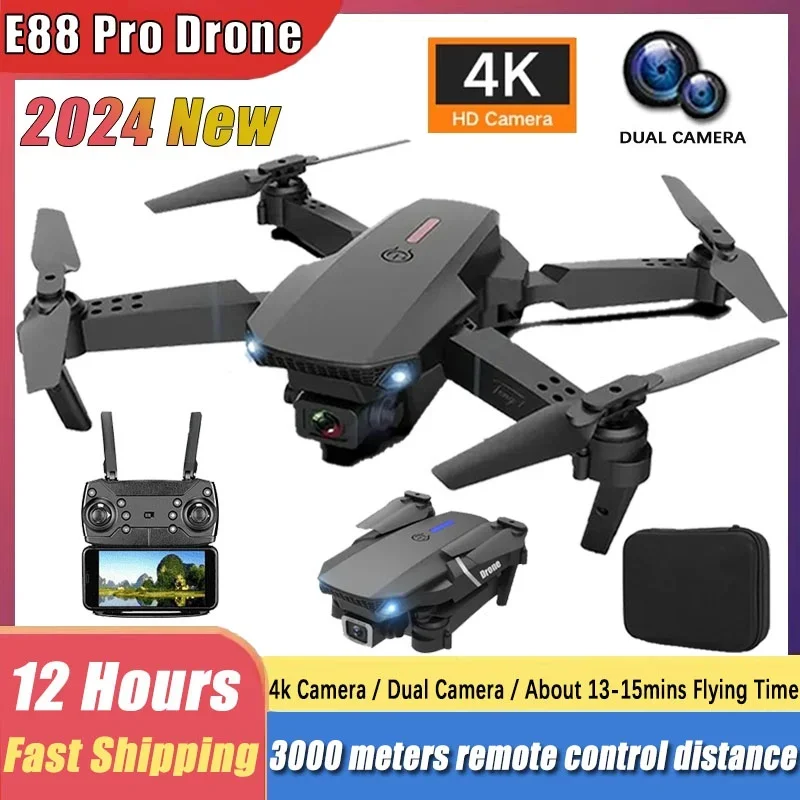 Dron E88pro Rc 4k profesional, equipado con gran angular, cámara Dual Hd, helicóptero plegable, Wifi, Fpv, delantal fijo de altitud, 3000M