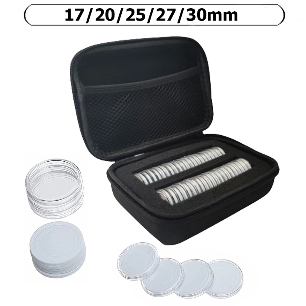 42Pcs Clear Collecting Coin Holder Capsule Box with Gaskets and Portable Zipped Bag for 17mm/20mm/25mm/27mm/30mm Coin Organizer