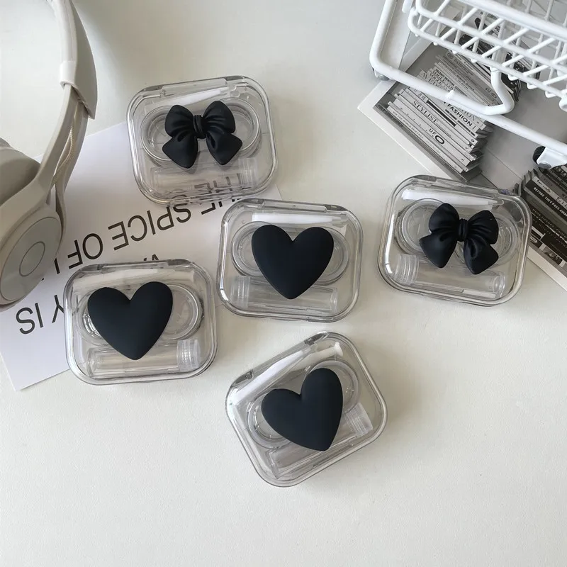 Fashion Black/Pink Color Transparent Love Bow Contact Lens Case for Girls Portable Eye Care Tool Storage Container Box