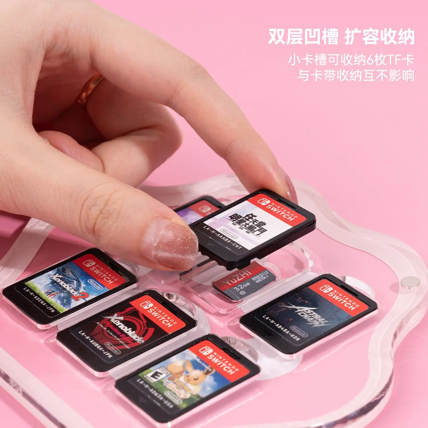 Cat Claw เคสเก็บบัตร TF อะคริลิคสำหรับ Nintendo, กล่องใส่การ์ดเกมโปร่งใสน่ารักสำหรับนินเทนโด6ช่องเสียบบัตร
