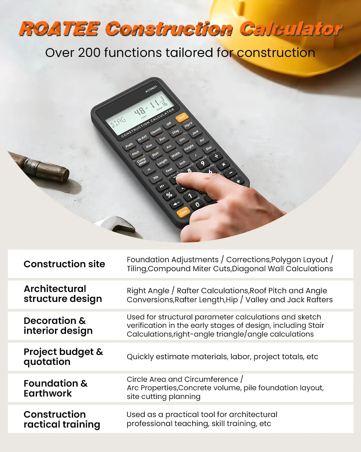 Construction Calculator Industrial Scientific Engineer Calculator Contractor Concrete Pocket Feet-inch-Fraction Calculators