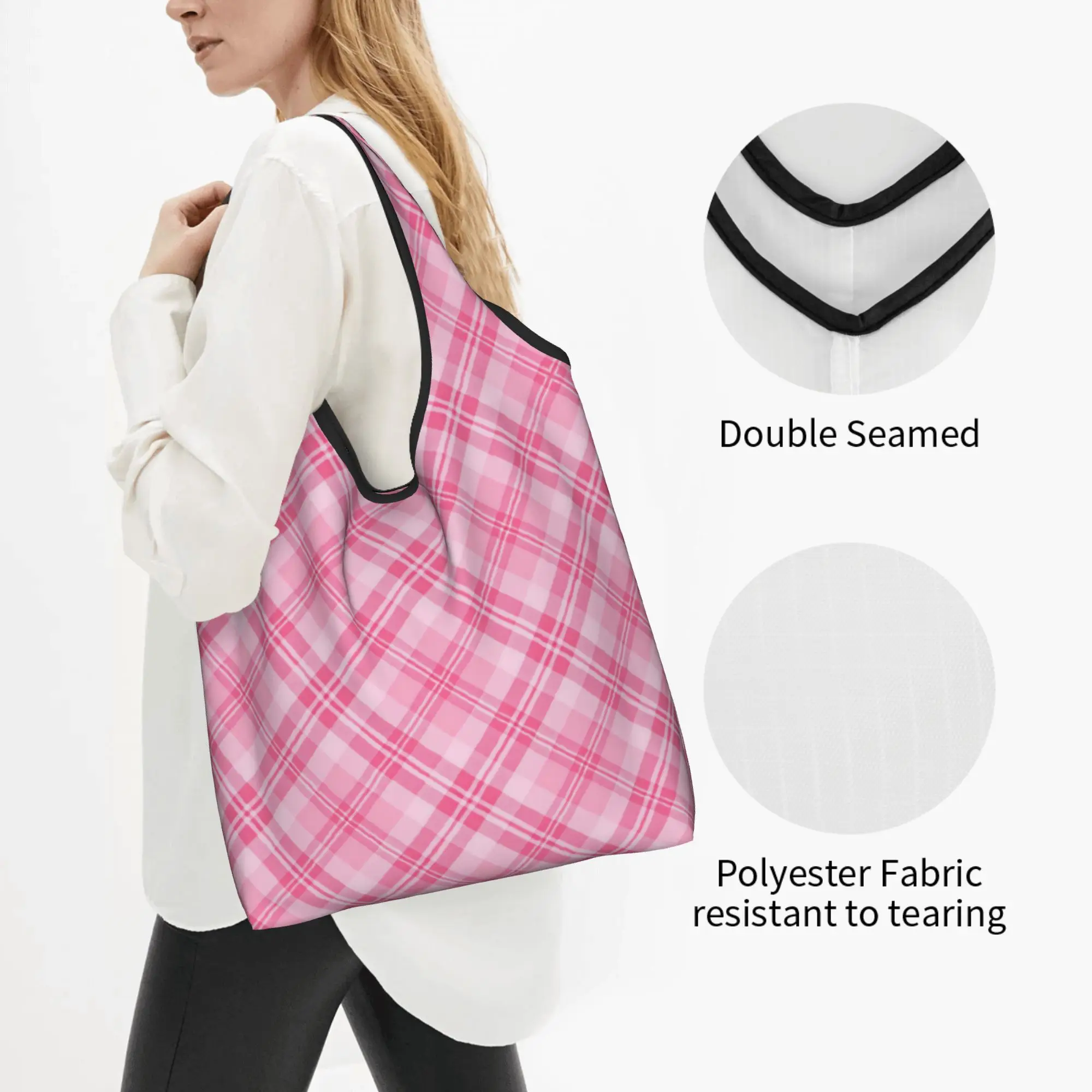 Custom Pink And White Diagonal Tartan Plaid Shopping Bag Women Portable Big Capacity Grocery  Tote Shopper Bags