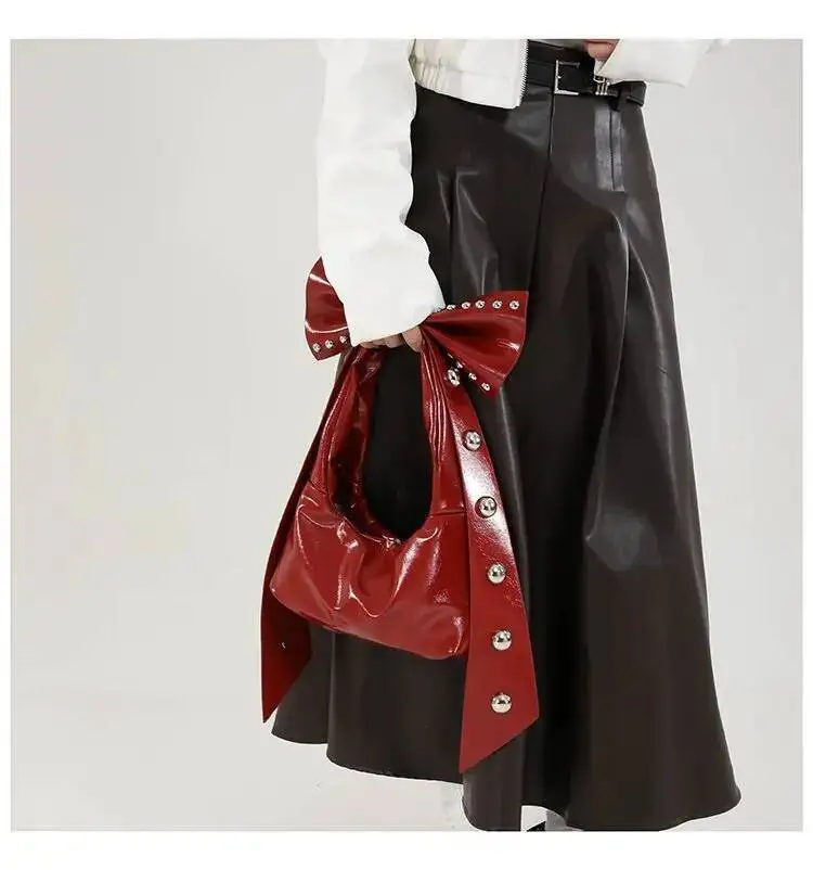 Bloom Fairy Core Aesthetic Pink Bow Shoulder Bags For Women Versatile Rivet Pu Leather Y2k Handbag Hot Girls Underarm Bag 2025