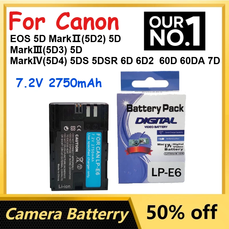 

7.2V 2750mAh LP-E6 Li-Ion Camera Batteries for Canon EOS 5D MarkⅡ(5D2) 5D MarkⅢ(5D3) 5D MarkⅣ(5D4) 5DS 5DSR 6D 6D2 60D 60DA 7D