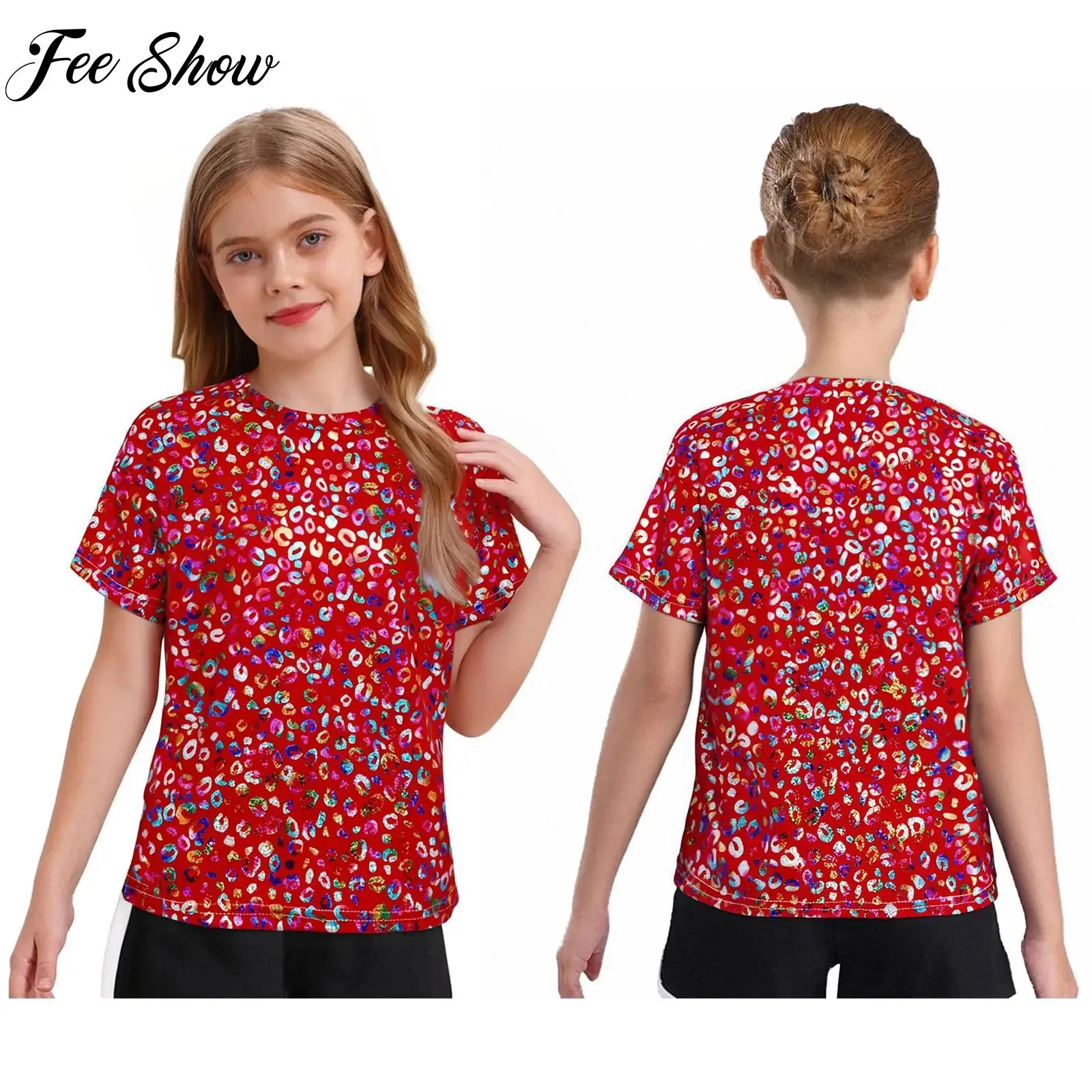 

2025 New Girls Jazz Hip Hop Street Dance Stage Performance Costumes Tops Short Sleeve Metallic Leopard Print T-shirt Daily Wear