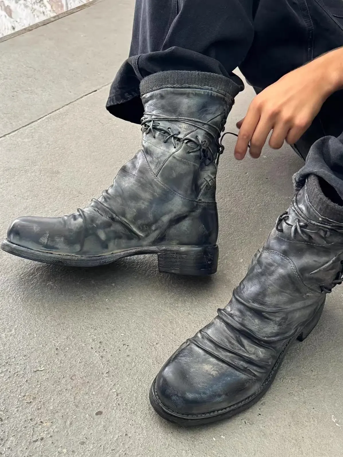 No faith in heavy industry washed old horse leather straps boxing boots high top boots