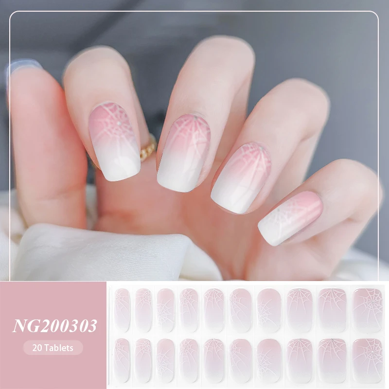 20Tips Winter Solid Color Amber Color Heart Semi-cured UV Gel Nail Art Stickers Full Cover Gel Nail Strips Press On Nail Decal