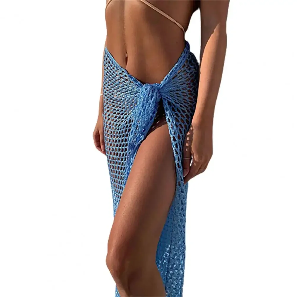 Verão feminino biquíni saia fishnet oco para fora transparente cor sólida rendas até senhora maxi saia elástica cintura alta saia de malha
