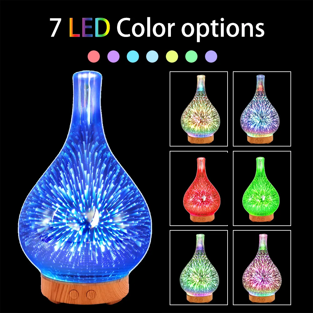 glass diffuser essential oils 3D Fireworks Air Ultrasonic Essential Oil Aroma Diffuser 7 LED Lights 100ml for Home