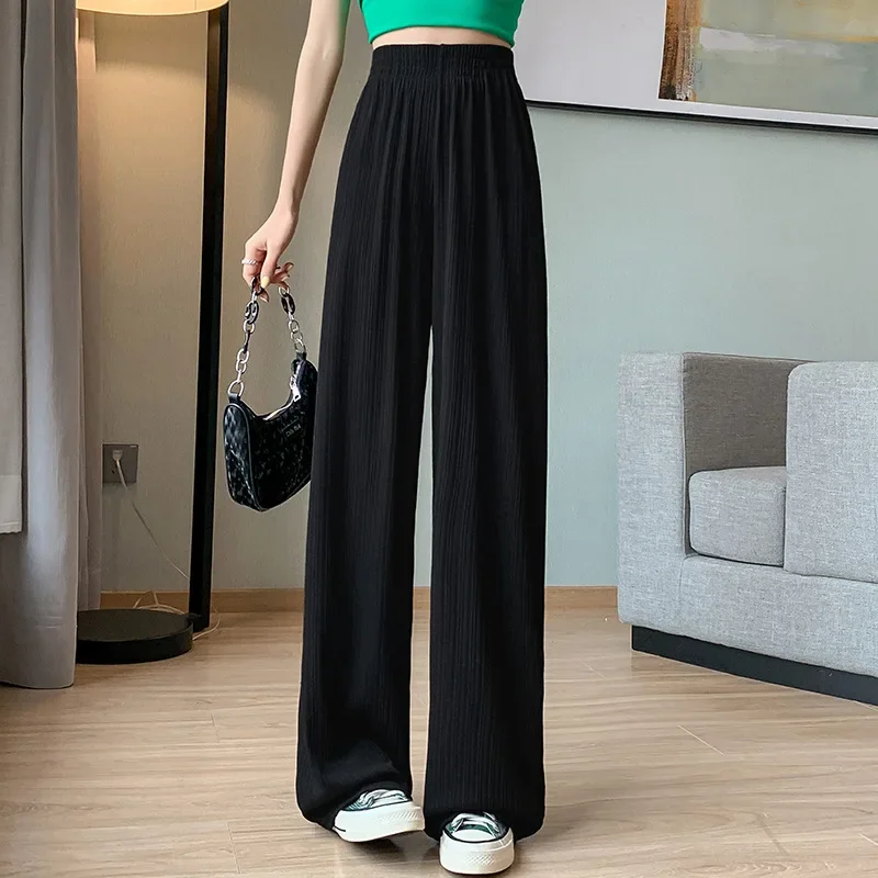 S-2XL Thin Summer Wide-leg Pants Ice Filament Permeability Women Elastic Waist Stright Long Wide Leg Pants Casual Female sexy