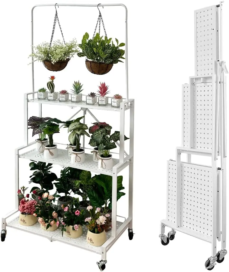 

Foldable 4-Tier Plant Stand Indoor Outdoor Hanging Plant Shelf No Assembly Required Pot Placement Area With Wheels Sturdy