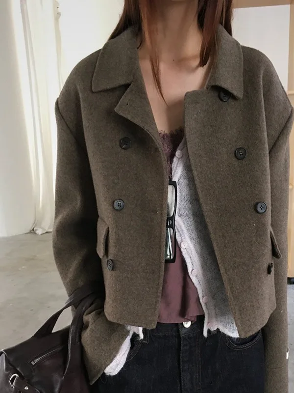 

ort Шерстяное пальто Женское модное винтажное двубортное утягивающее модное пальто длиной до колена для поездок на работу Sle Pure Color ket