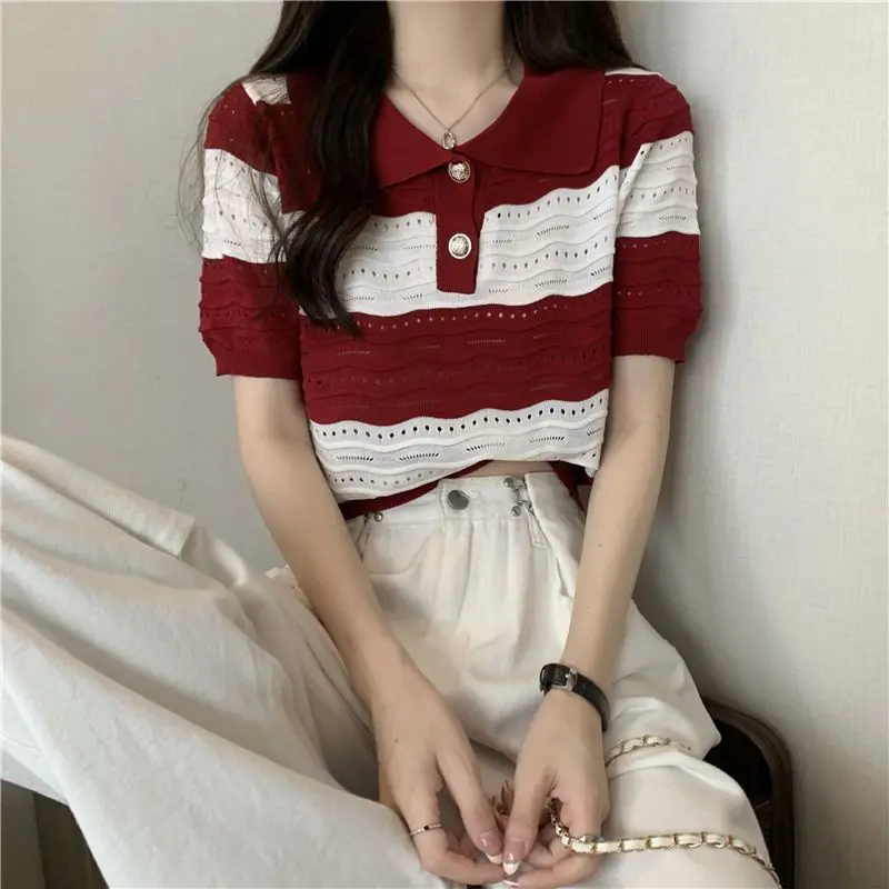 French Style Summer Women Short Sleeve T Shirt Polo-Neck Chic Hollow Out Striped Urbane Casual Crop Top Women Clothes