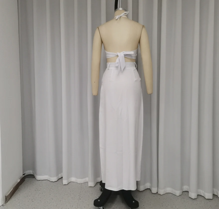 Women Two Piece Elegant Summer Fashion Fresh Halter Tie Detail Crop Top and High Waist Pocket Design Split Midi Skirt Set