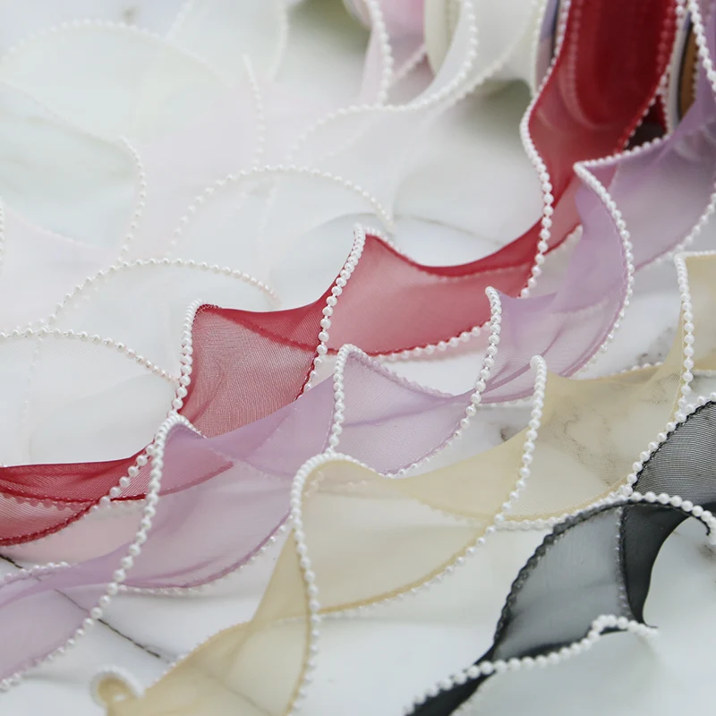 (5 Yards/Rolle) 4 cm Perlenrand Organzaband Welle Seide Spitze Kinder Haarschmuck Lolita handgemachte dekorative Geschenkbox Hochzeit – Detail 6