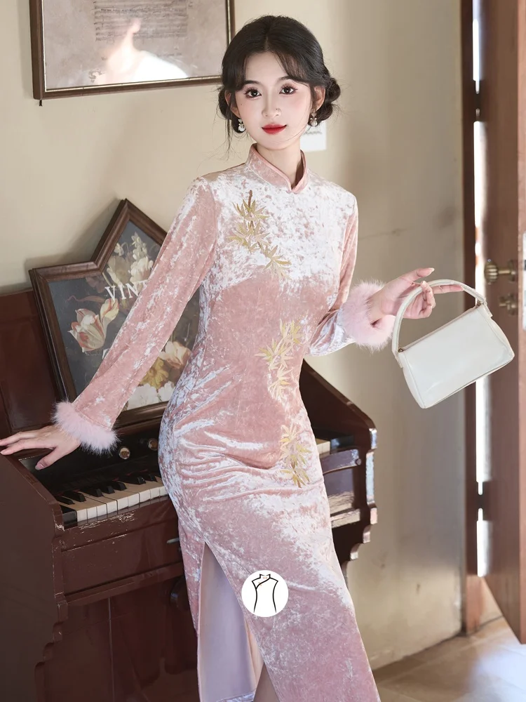 

Розовое облегающее платье Ele Pink Young Sle Fitted Dr Wedding Dr в ретро-стиле из бархатной ткани с низким разрезом и длинными рукавами для возраста 8-25 лет