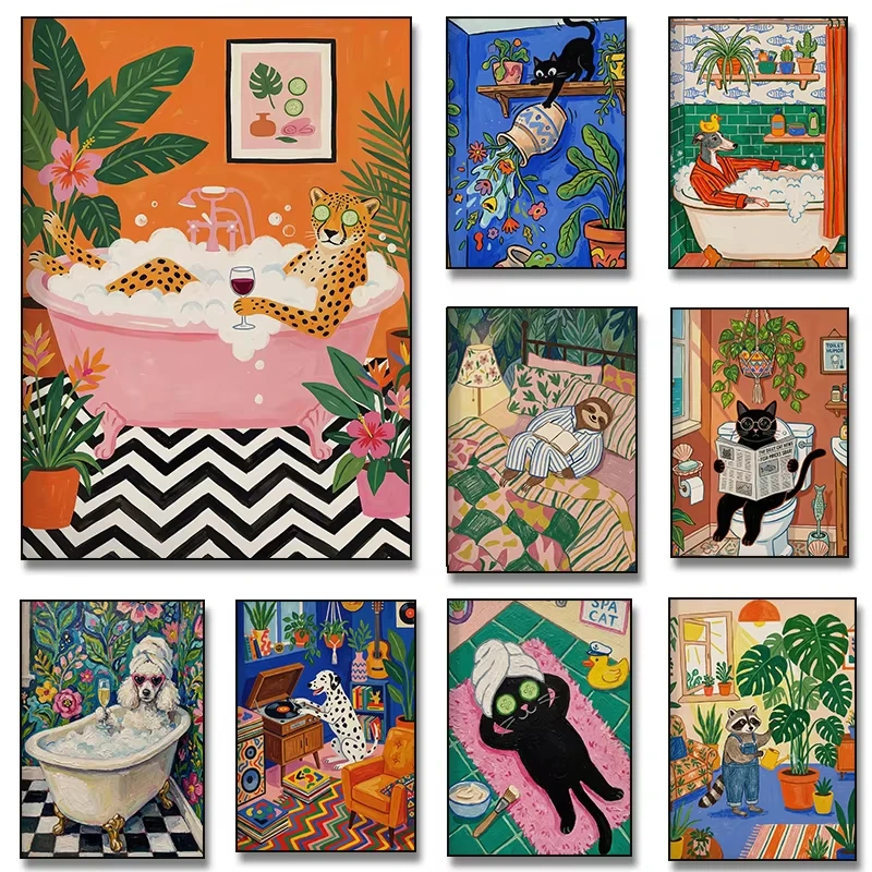 Funny Animal Bathroom Diamond Painting,Whimsical Pets Taking Baths and Relaxing Handmade Exquisite Creative Gift Home Decoration