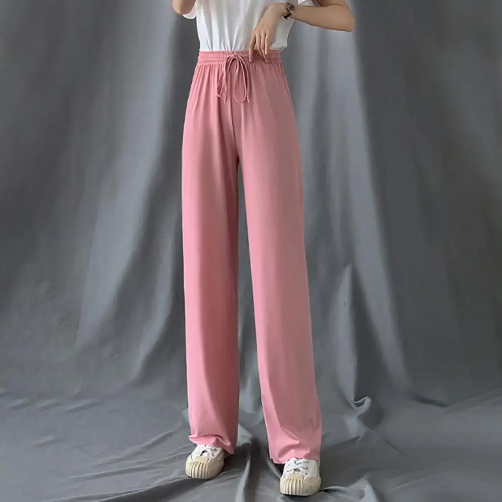 Elastic Waist Summer Pants Stylish Women's Ice Silk Wide Leg Pants with Adjustable Drawstring Elastic Waist for Comfortable