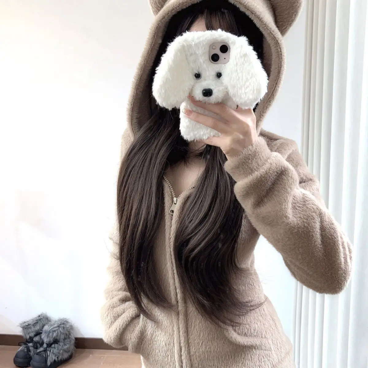 Cute Bear Ear Hooded Warm Plush Jacket for Women Autumn Winter Slim Fit Thick Outerwear Woman Casual Solid Zipper Sweatshirt