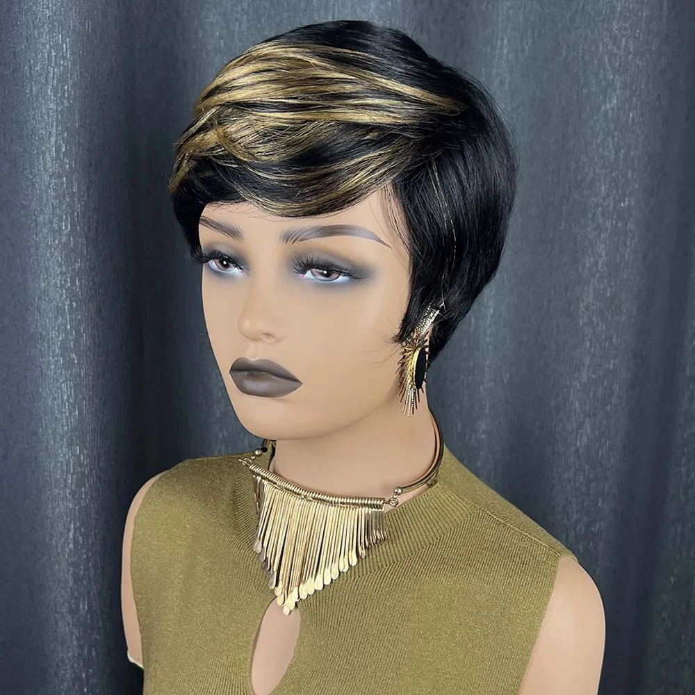 짧은 스트레이트 픽시컷 가발 내추럴 블랙 보브 가발 앞머리 포함 기계 제작 레미 인모 가발 흑인 여성용