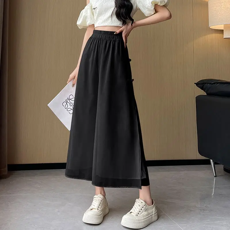 Estilo chinês chiffon calças de perna larga para o verão feminino 2025 novo solto tornozelo comprimento casual saia fina calças cintura alta baggy