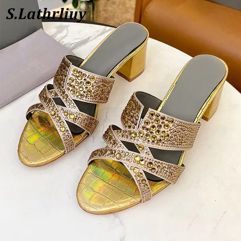 

Summer Luxury Crystal High Heels Slippers Women Genuine Leather Open Toe Chunky Heels Outdoor Sandals Fashion Party Dress Shoes