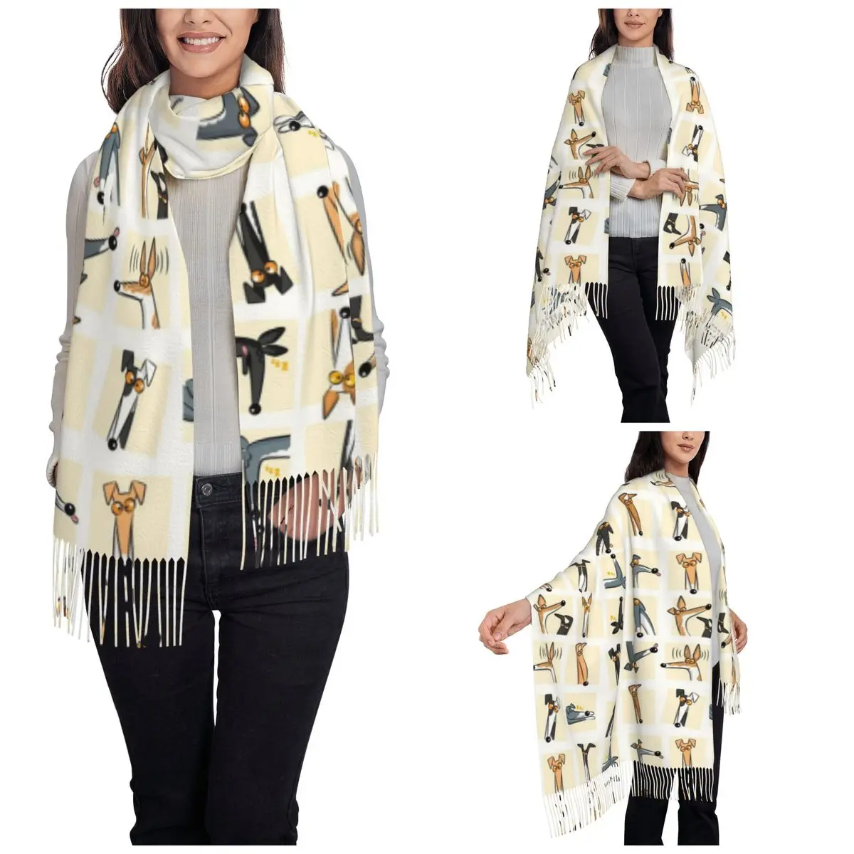 Women\'s Tassel Scarf Heads Up Cream Greyhound Large Winter Fall Shawl and Wrap Animal Dog Daily Wear Pashmina Scarves