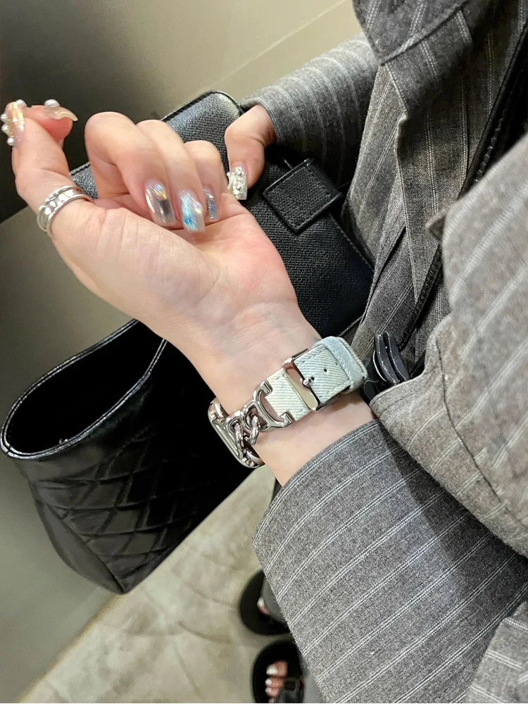 Cinturino in acciaio inossidabile di lusso per iWatch Ultra 9 8 7 SE 6 5 cinturino in Denim lavabile per Apple Watch 38MM 40MM 42MM 45MM 49MM