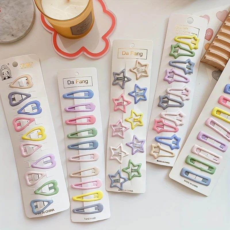 [10pcs Cartoon Hair Clips] 10pcs Cute Cartoon Candy Color Hair Clips | Sweet Heart Star Rectangle Decorative Hair Accessories