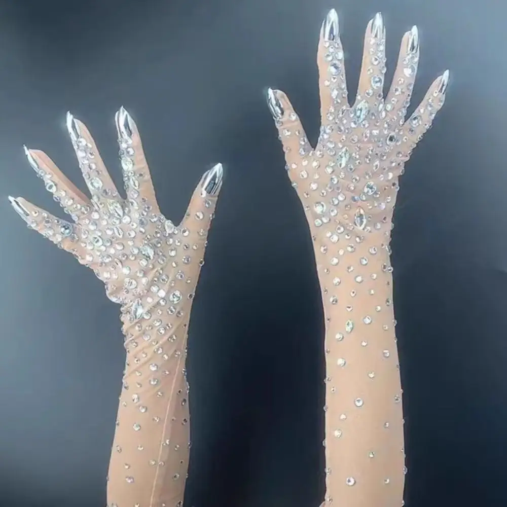 Comfortable Sparkling Rhinestone Gloves Stretch Luxurious Perspective Gloves Breathable Full-Finger Long Wedding Mittens Women