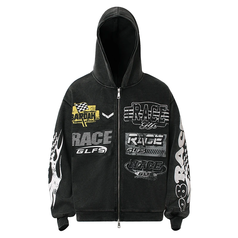 

Мужская толстовка на молнии с гоночным принтом большого размера, уличная одежда 2025 года, винтажная толстовка с капюшоном с черным пламенем и графическим рисунком, куртки в стиле хип-хоп в стиле гранж