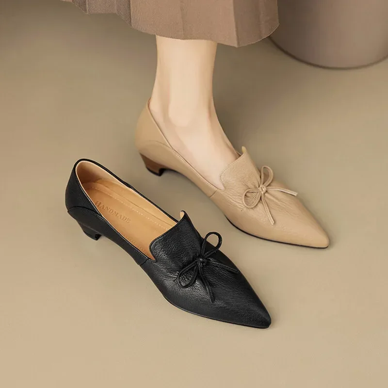 office lady elegant black shoes Women\'s pointed Toe mid Heels 2024 new Genuine leather retro pumps FT3427