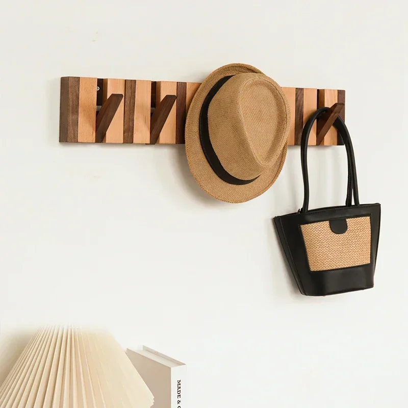 New Solid Wood Wall Coat Rack No Punching Entryway Hats Keys Organizer Hanger With Hooks For Hallway