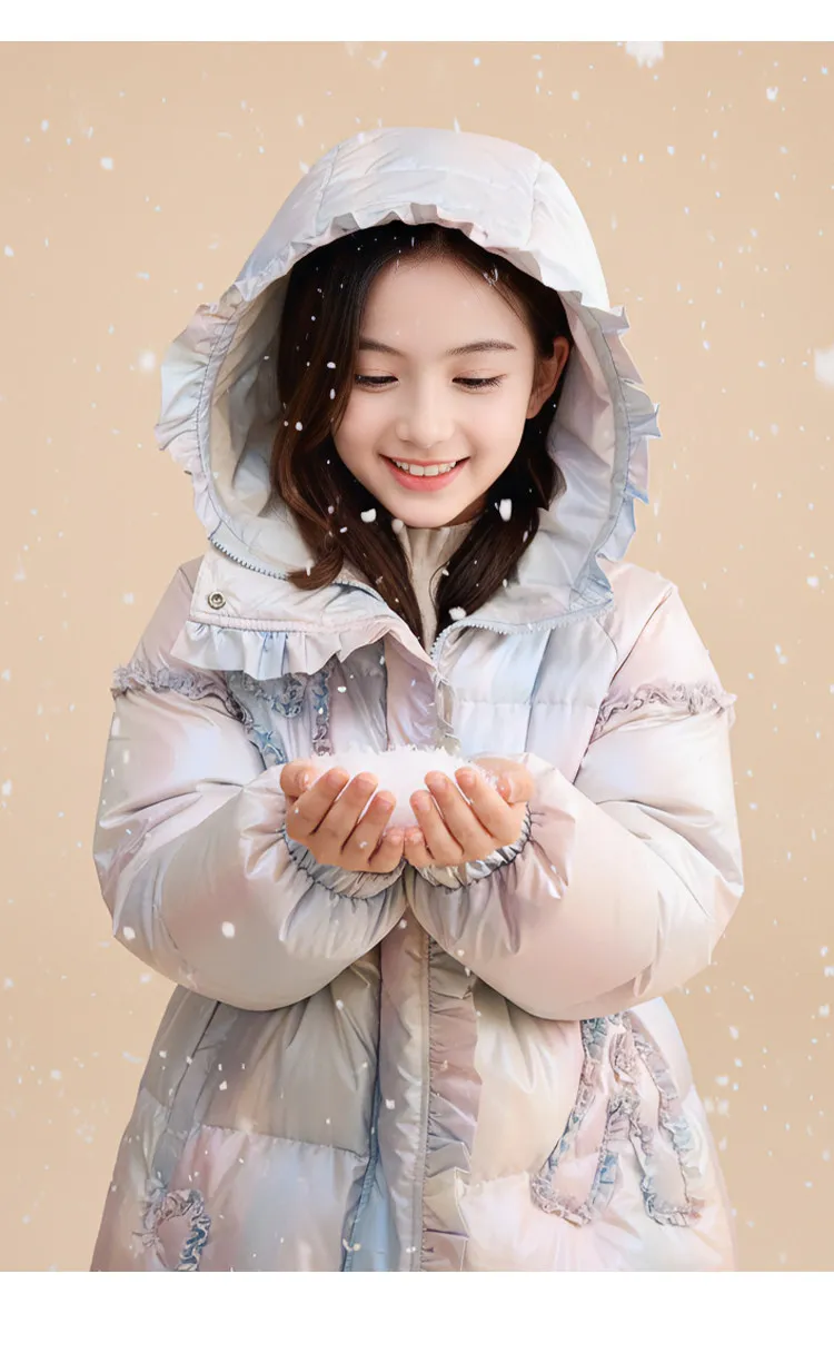 Langer Daunenmantel mit Kapuze für Mädchen, 90 % weiße Entendaunen, warmer Winterparka mit Spitze und Rüschen, winddichte, dicke Oberbekleidung für Teenager und Kinder, A5123 – Detail 6