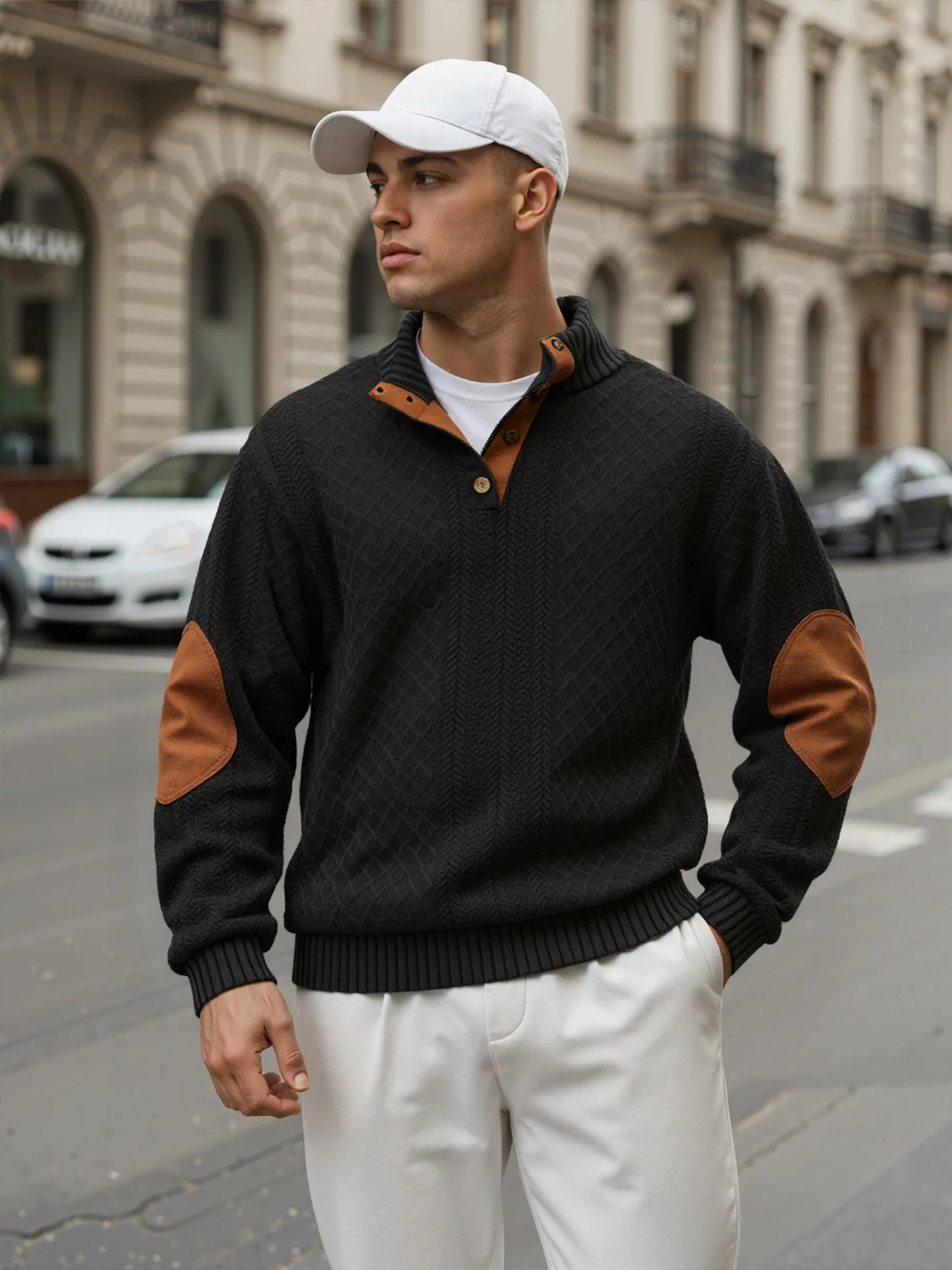 Moletom com capuz de malha masculino primavera e outono jacquard manga longa camisa henley esportes, lazer, roupas masculinas soltas e elegantes