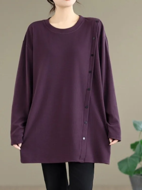 Botão design cor pura camisa de comprimento médio plus size feminino longo sve redondo ne solto topo casual fibra de poliéster