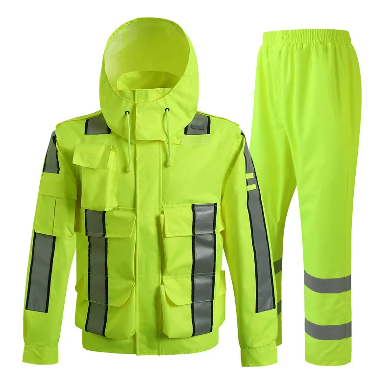 Reflective Raincoat Rain Pants Suit Traffic Sanitation Patrol Split Safety Waterproof Rain Gear Raincoat Customized Print Logo