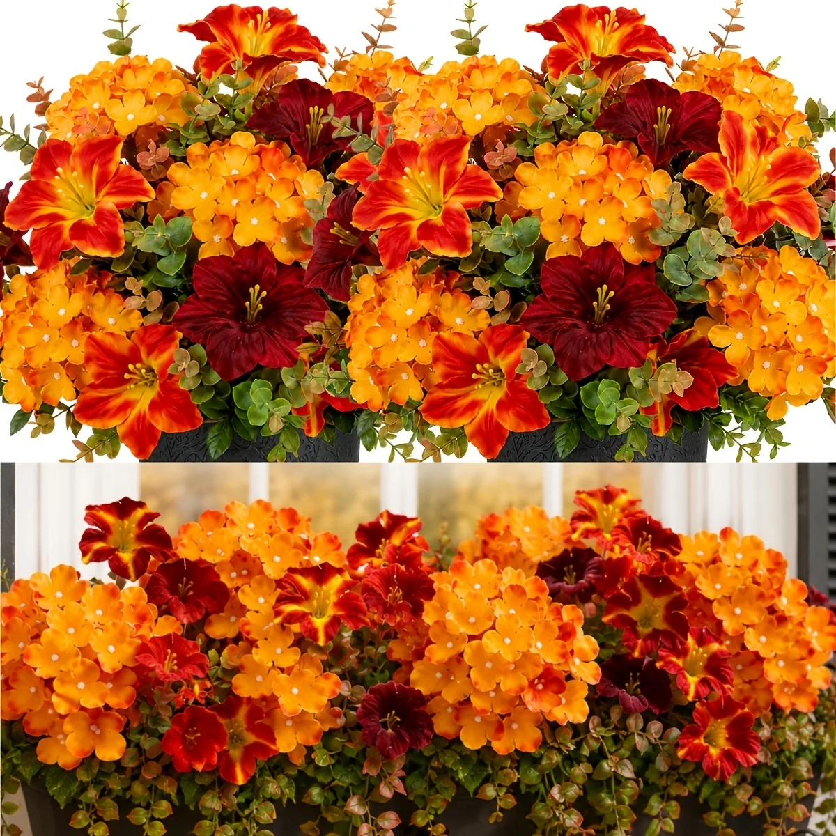 26pcs Thanksgiving Autumn Faux Flowers Orange Hydrangea and Eucalyptus Mixed Trumpet Flowers Halloween Floral Arrangement