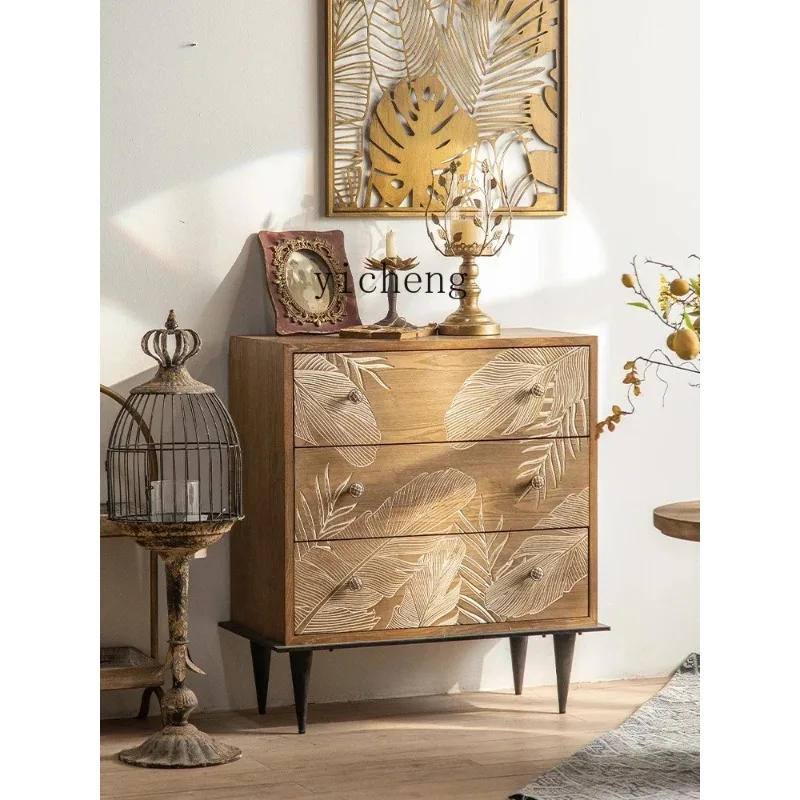 Retro Solid Wood Carving Flower Chest Bedside Table Old Storage Locker French Entrance CabinetX24