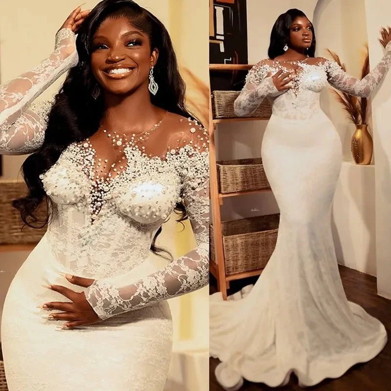 Abiti da sposa taglie forti personalizzati Abiti da sposa Sirena Illusion Maniche lunghe Perline Pizzo a strati Tulle Perle