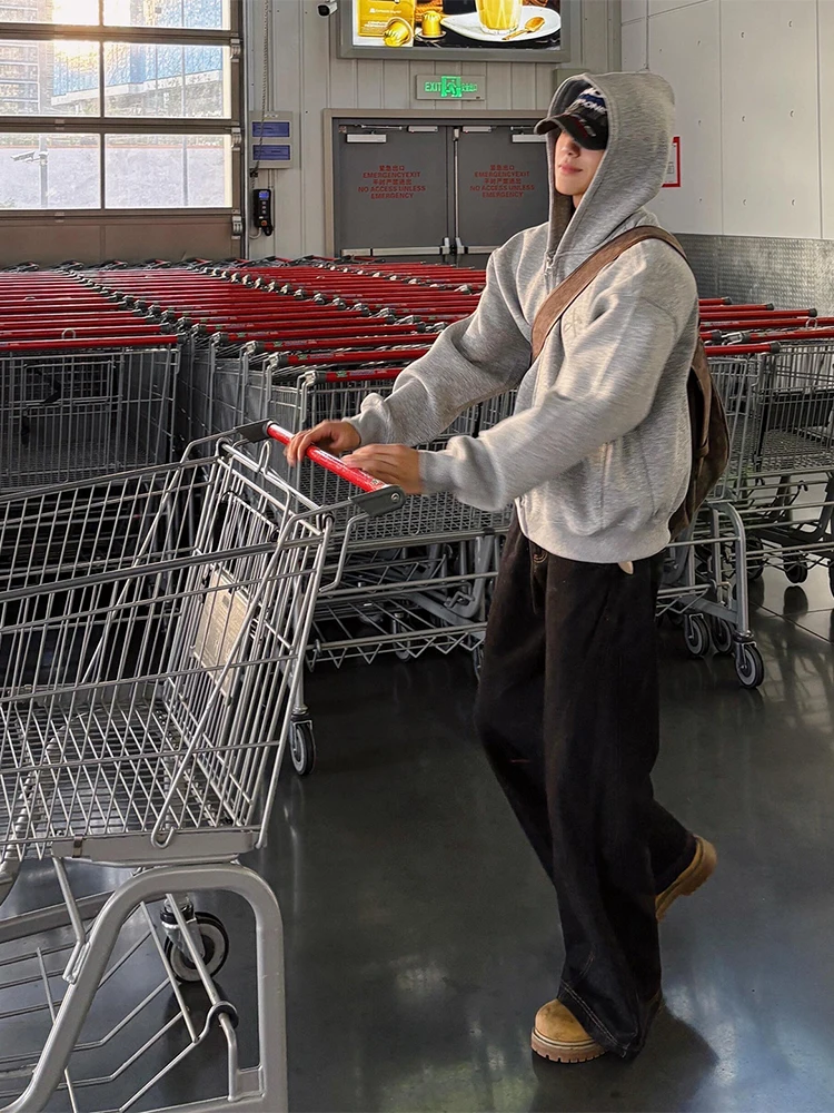 

Утепленная толстовка с двойной молнией и капюшоном, осенне-зимняя куртка свободного кроя, повседневная верхняя одежда