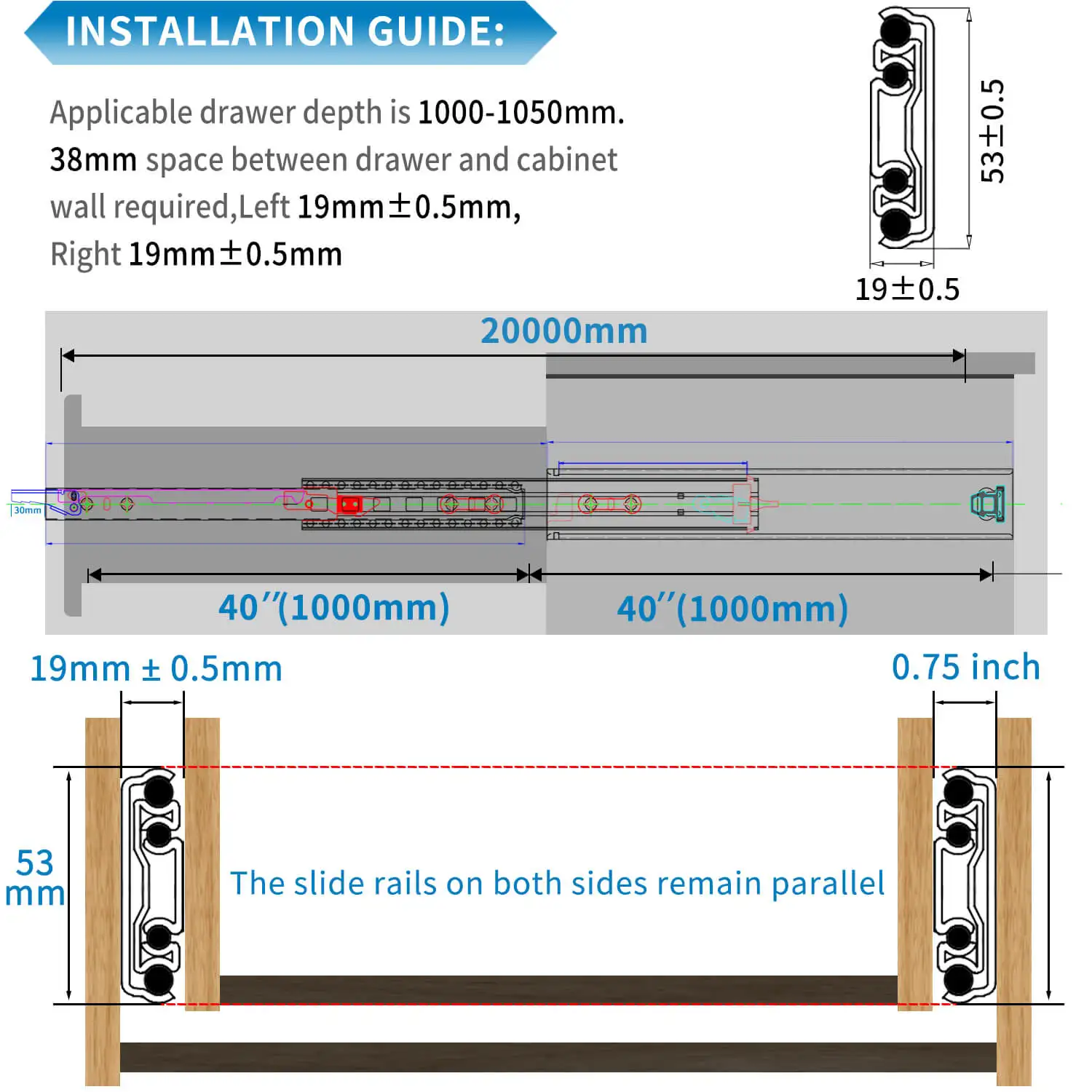 53mm Heavy Duty Drawer Slide With Lock-In And Lock-Out ,10-60in 3-Fold Guide Rail ,256LBS  Full Extension Ball Bearing