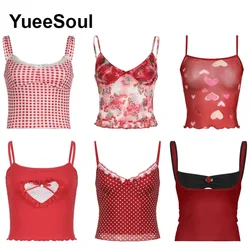 Red Crop Tops Printed Sleeveless Spaghetti Strap Slim Tank Top 2024 Y2K Aesthetic Sweet Cute High Street Sexy Women Camis