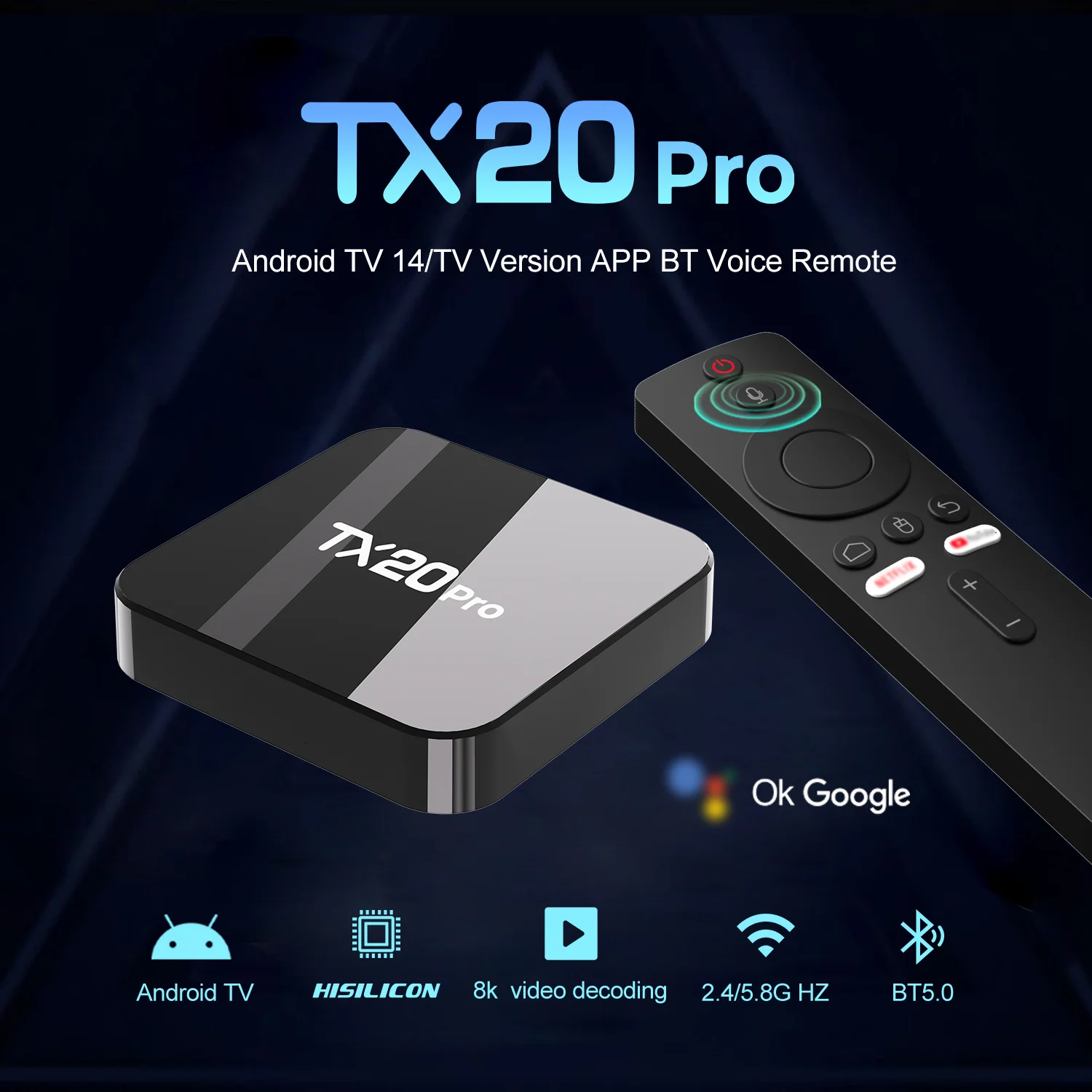 TX20 Pro Smart TV Box Android 4K H.265 Decode Quad-Core Dual WiFi Bluetooth Voice Remote for Netflix & YouTube Home Media Player