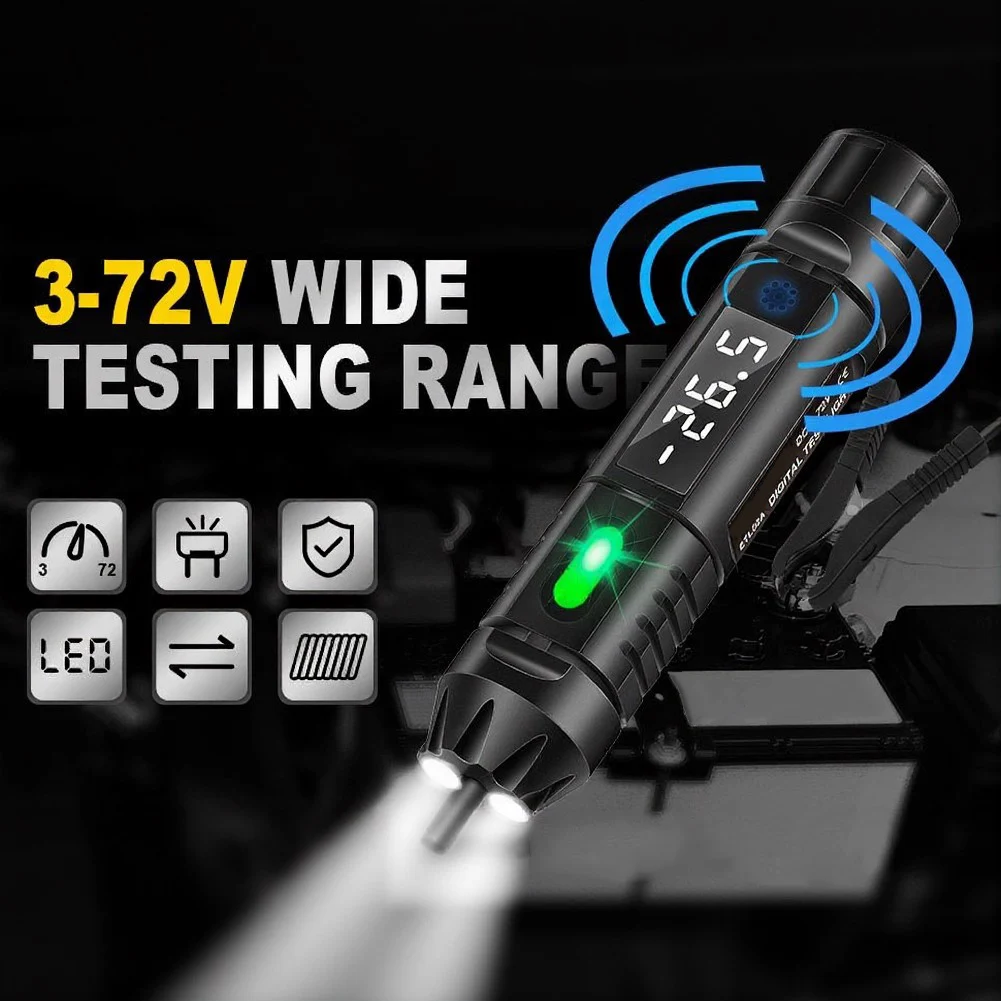 3-72V Digital LED Automotive Test Light Bidirectional Voltage Tester With Buzzer 0.1V Resolution Stainless Steel Probe Car Tool