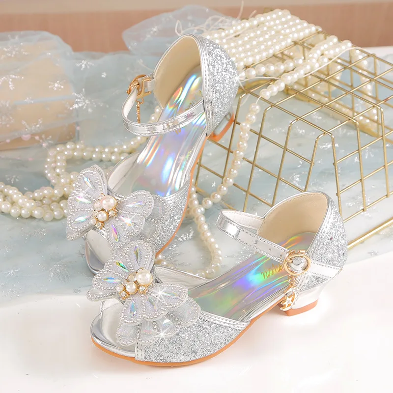 Zapatos de princesa para niñas, Sandalias de tacón alto con lazo de perlas, de cristal, para verano