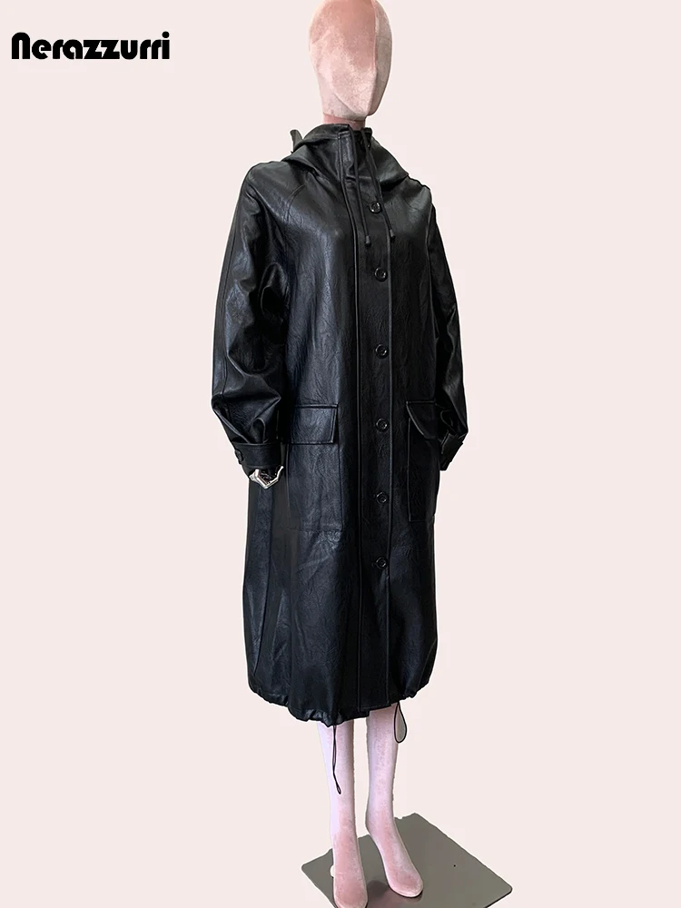 Nerazzurri Autumn Long Oversized Waterproof Black Hard Pu Leather Coat for Women with Hood Zip Up Loose Korean Emo Clothes 2024