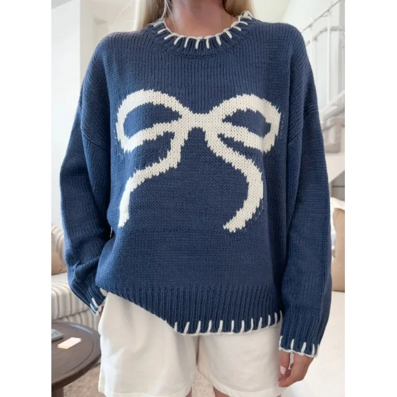 

Bow Print Women Knit Sweaters O-Neck Loose Long Sleeve Sweaters For Woman Elegant Streetwear Pullover Autumn Winter 2025 Jumper