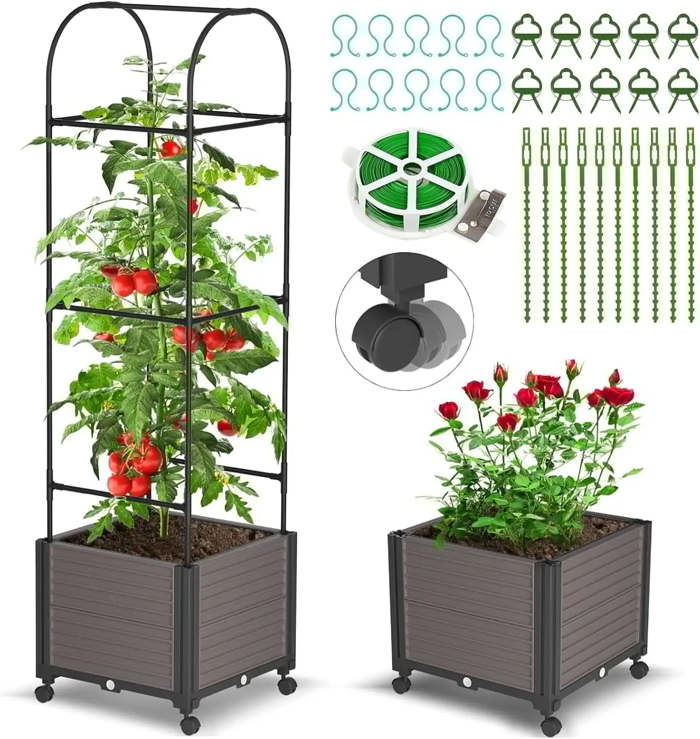 

Raised Garden Bed Planter Box with Wheels, Tomato Cage Planter Raised Garden Bed with Trellis for Climbing Vegetables
